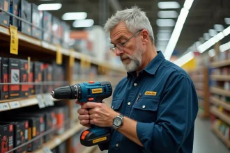 Homme examinant une perceuse Parkside dans le rayon outillage d'un magasin de bricolage