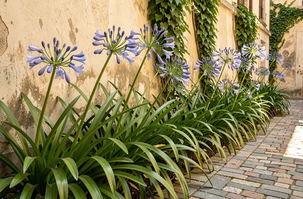 Rangée d'agapanthes en bordure d'une cour intérieure pavée dans un jardin de ville ensoleillé