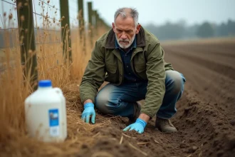 Agriculteur examinant des mauvaises herbes mortes et le sol d'un champ après application d'AdBlue comme désherbant