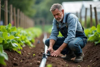 Agriculteur inspectant un système d'irrigation goutte-à-goutte dans un potager fertilisé à l'humonia