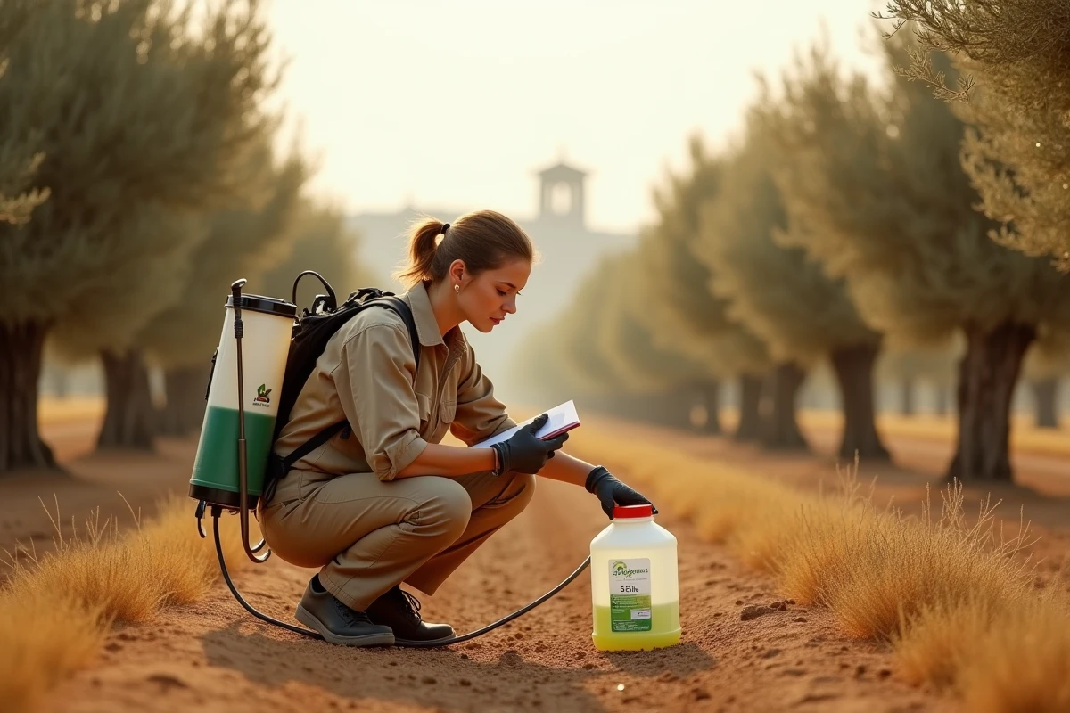 Agronome préparant un traitement au glyphosate avec un bidon 5 litres dans une oliveraie espagnole
