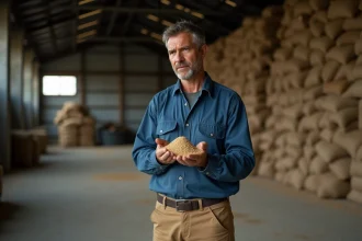 Agronome examinant un tas de meal de castor dans un entrepôt