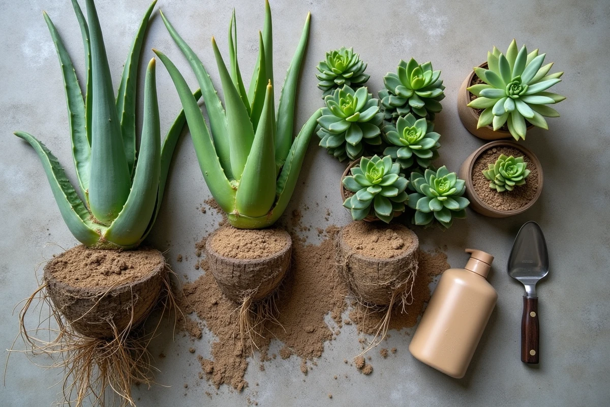 Vue de dessus d'un aloe vera déraciné avec ses racines visibles, entouré de succulentes, d'outils de jardinage et de terreau pour cactées sur béton brut