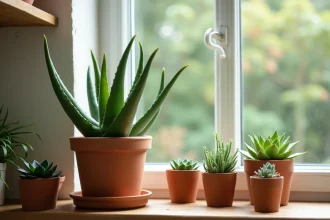 Aloe vera en pot en terre cuite posé sur un rebord de fenêtre en bois, entouré de petites plantes grasses succulentes de différentes variétés