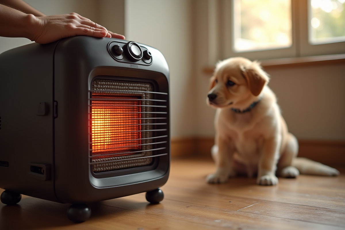 Gros plan sur un chauffage moderne pour abris d animaux avec un chien curieux