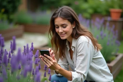 Femme utilisant une application de reconnaissance de fleurs sur smartphone dans un jardin avec des plants de lavande