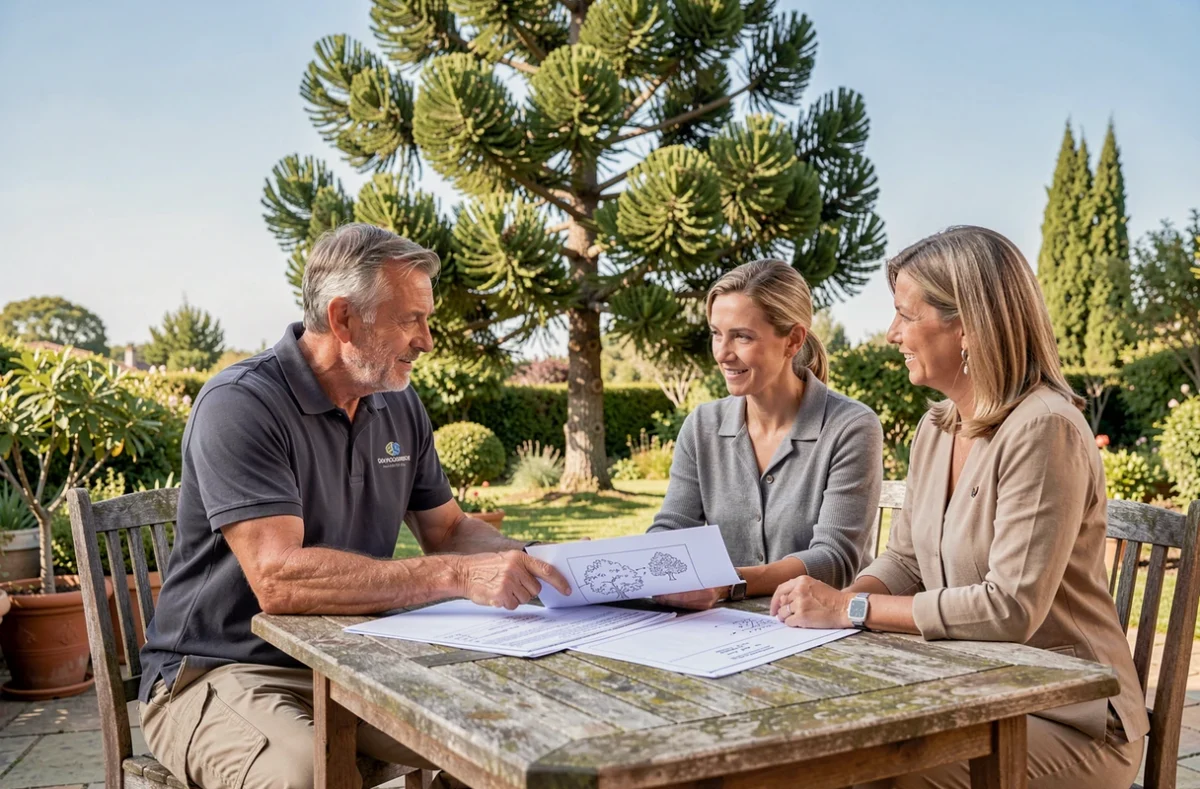 Arboriste élagueur conseil présentant un devis d'élagage à des propriétaires dans leur jardin