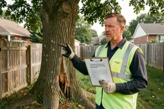 Arboriste professionnel tenant un devis d'abattage d'arbre sur un presse-papiers dans un jardin résidentiel