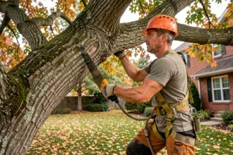 Arboriste élagueur grimpant dans un chêne pour élaguer des branches en milieu résidentiel
