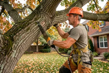Arboriste élagueur grimpant dans un chêne pour élaguer des branches en milieu résidentiel