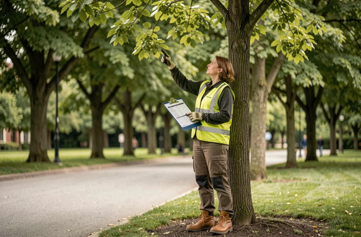Arboriste élagueuse inspectant un tilleul en parc urbain avec clipboard d'évaluation