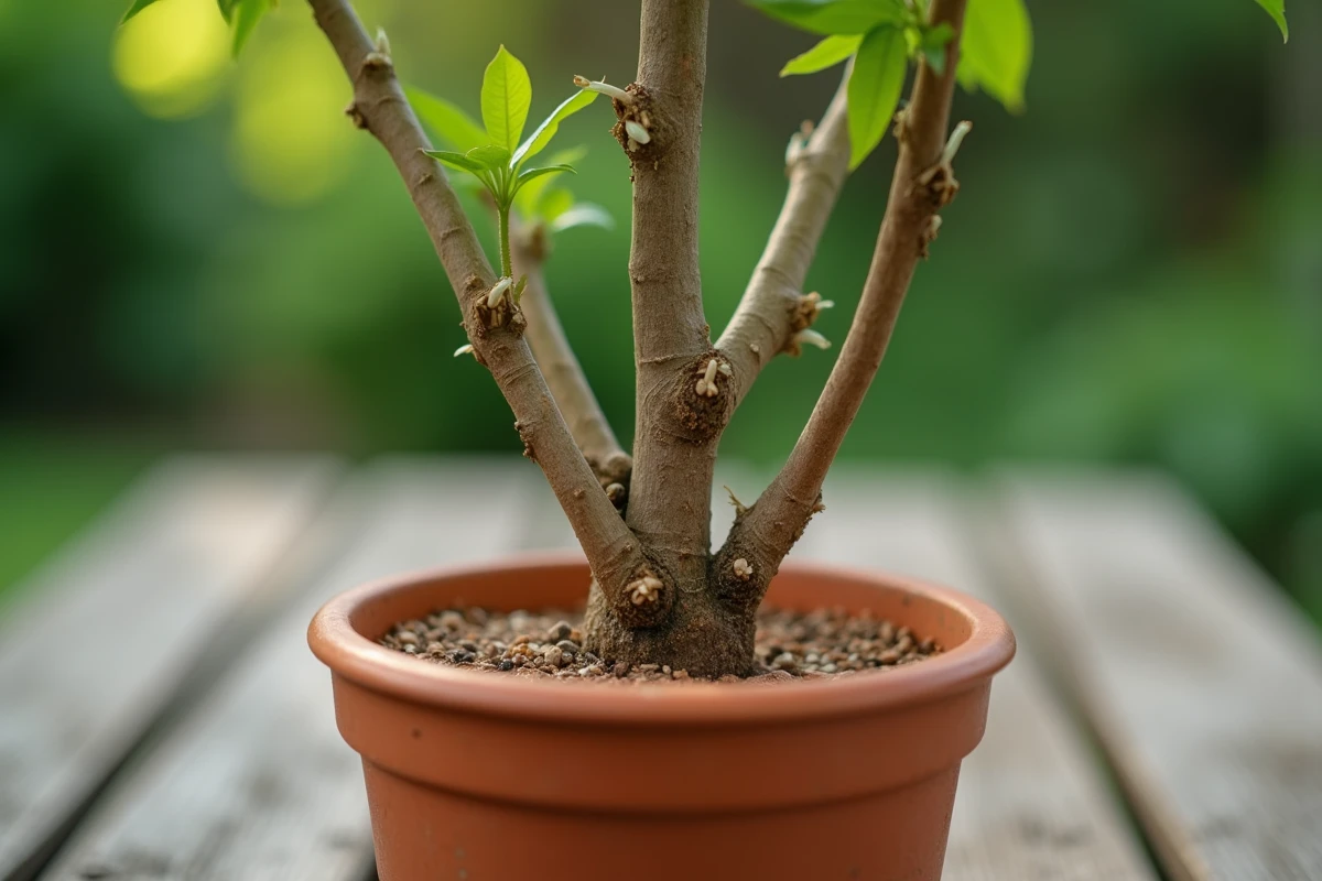 Gros plan sur les jeunes pousses et tiges d'un arbre à crevette en pot après plantation au printemps
