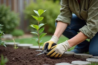 Jardinière examinant un arbre à crevette jeune après plantation avec un sécateur dans un jardin résidentiel au printemps