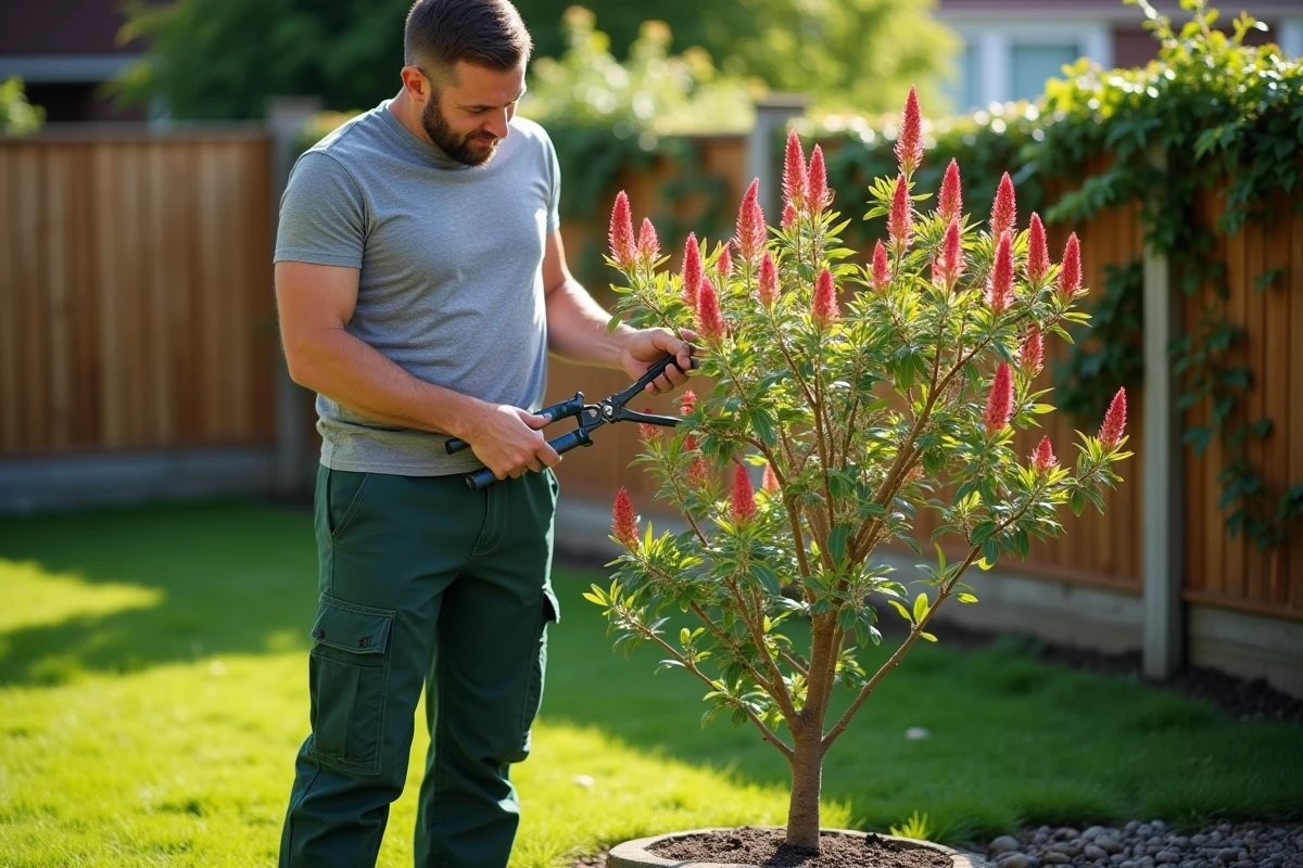 Homme taillant les branches d'un arbre à crevette dans un jardin résidentiel ensoleillé la première année après plantation