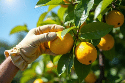 Arbre citron sain dans un jardin ensoleille avec mains de jardinier