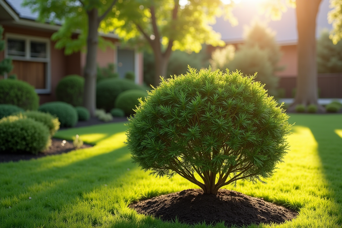 Arbuste japonais mature planté dans un jardin paysager au matin