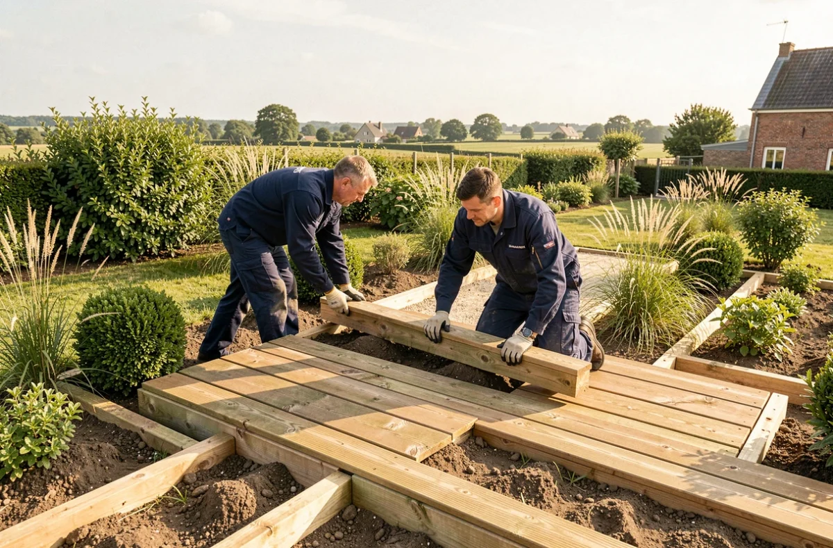 Équipe AREMA réalisant un aménagement paysager avec terrasse et plantations à Corbie