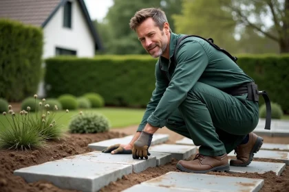 Artisan posant des dalles en pierre naturelle sur une terrasse extérieure résidentielle, aménagement paysager professionnel