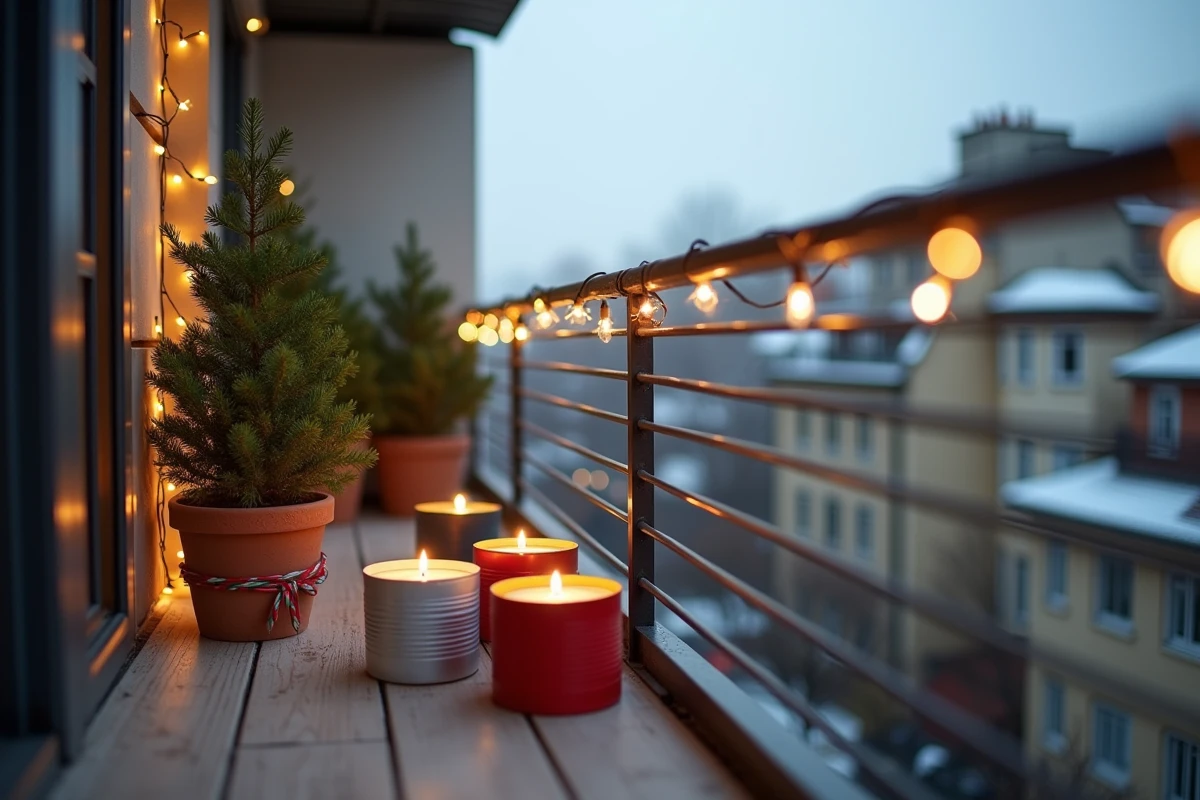 Balcon de petit appartement décoré pour Noël avec guirlandes lumineuses et décorations récupérées à petit prix