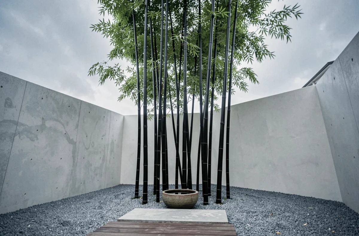 Bambou noir Phyllostachys nigra dans une cour japonaise minimaliste avec gravier gris et béton épuré