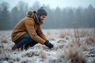 Botaniste examine des graines sous la frost dans un champ