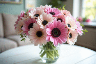 Bouquet d'anemones et asters dans un vase lumineux