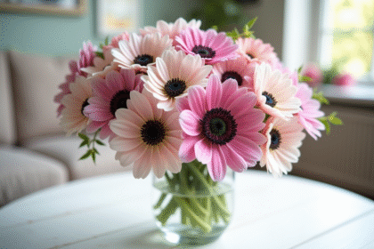 Bouquet d'anemones et asters dans un vase lumineux