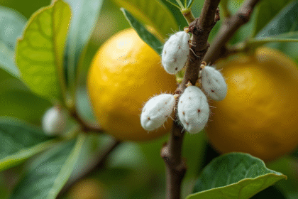 Raisin de branches de citronnier avec des pucerons blancs sur les feuilles