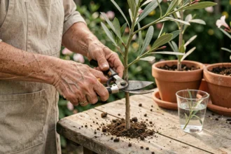 Femme bouturant un laurier rose avec un sécateur propre sur une table de rempotage en bois, avec des pots en terre cuite en arrière-plan
