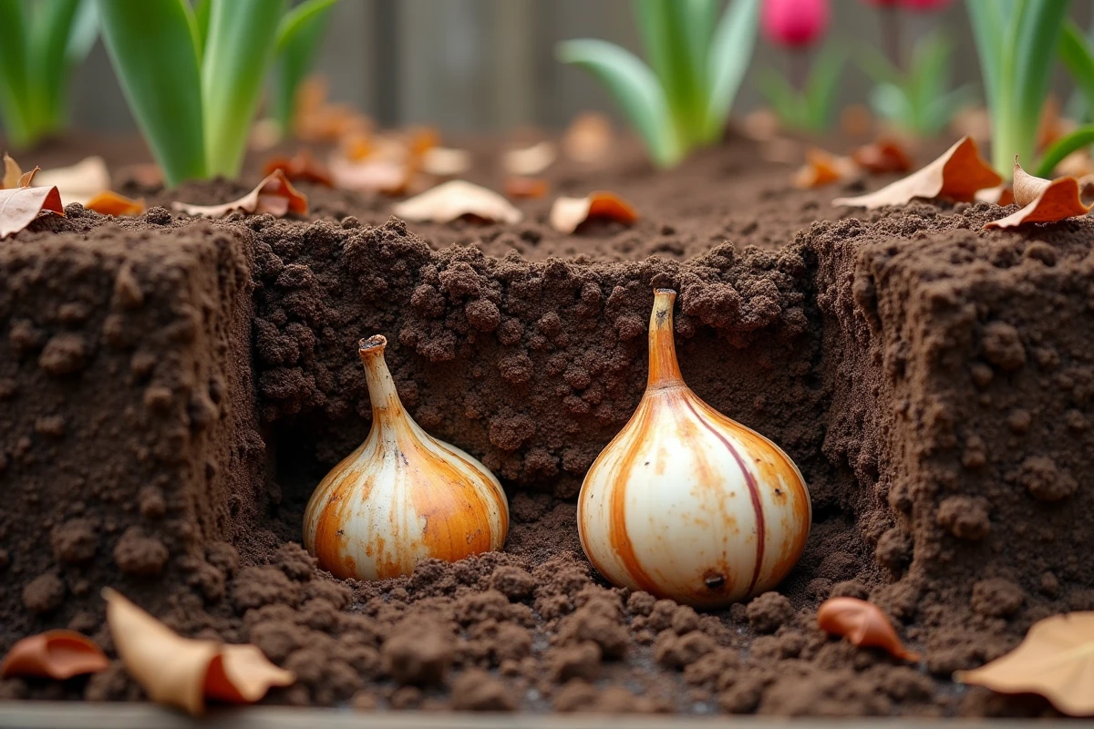 Coupe transversale d'un parterre de jardin révélant des bulbes de tulipe enfouis en terre dont certains montrent des signes de pourriture
