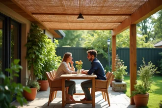 Couple profitant d'un repas sous une pergola avec canisse en bambou pour préserver l'intimité dans un jardin résidentiel