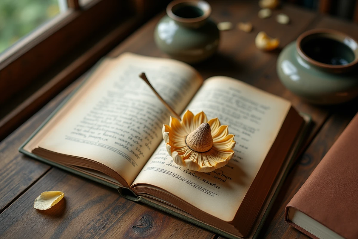 Capsule de lotus séchée avec livre de botanique et annotations manuscrites sur une table en bois ancienne, évoquant les interprétations historiques et botaniques de la signification du lotus