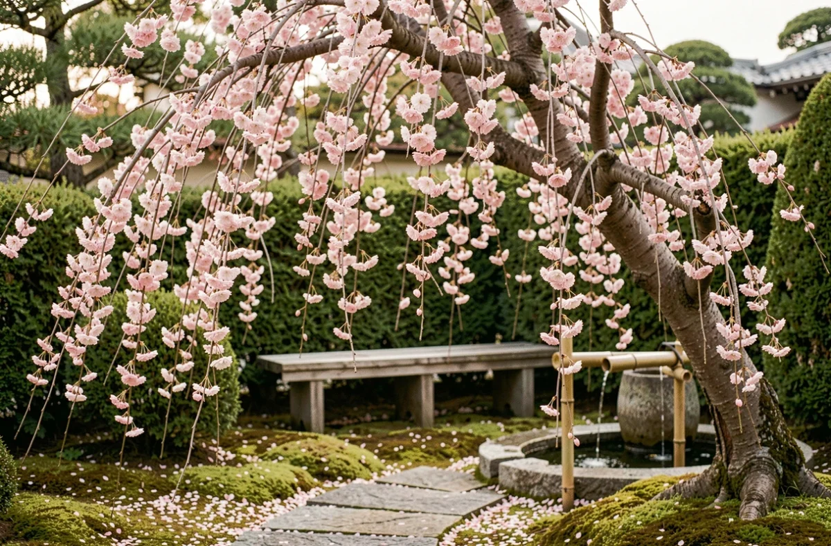 Cerisier pleureur en fleurs roses au-dessus d'un chemin en pierre moussu dans un jardin japonais au printemps
