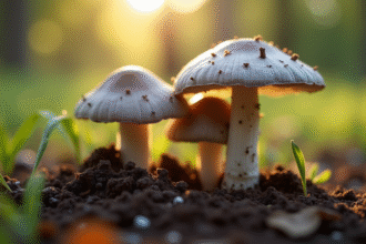 Champignons chanterelles gris clair dans la terre humide