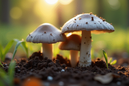 Champignons chanterelles gris clair dans la terre humide
