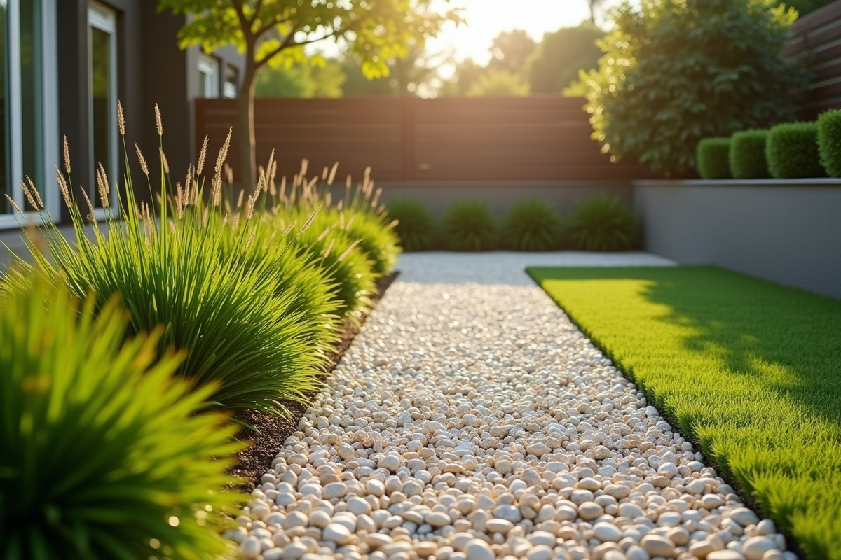Allée moderne avec gazon artificiel et gravier décoratif