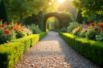 Chemin en gravier dans un jardin vert au matin