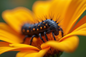 Gros plan d'une chenille noire sur une fleur colorée en plein jour