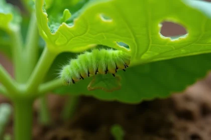 Petite chenille verte sur une feuille de légume rongée dans un potager, vue macro détaillée