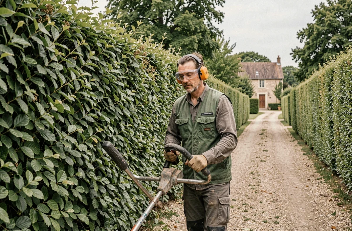 Jardinier professionnel taillant une grande haie de hêtres dans un jardin rural près d'Oucques, entreprise Christophe Corfmat
