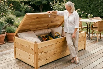 Coffre de rangement avec assise intégrée ouvert sur une terrasse en bois, montrant l'espace de stockage intérieur