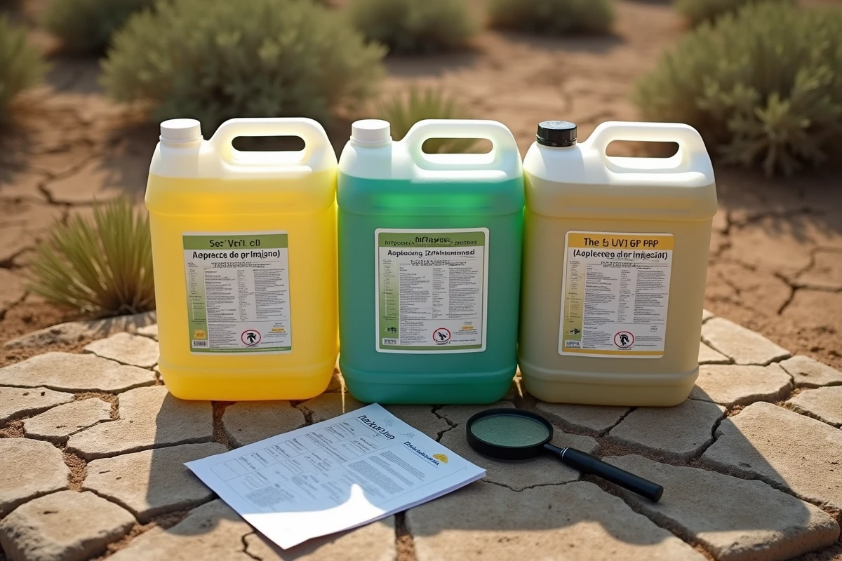 Comparatif de trois bidons de glyphosate 5 litres de marques différentes posés sur du béton en milieu agricole