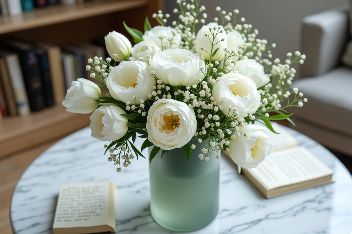 Composition florale de fleurs blanches — renoncules, tulipes et gypsophile — dans un vase en verre dépoli sur marbre, évoquant la symbolique des fleurs blanches en décoration intérieure