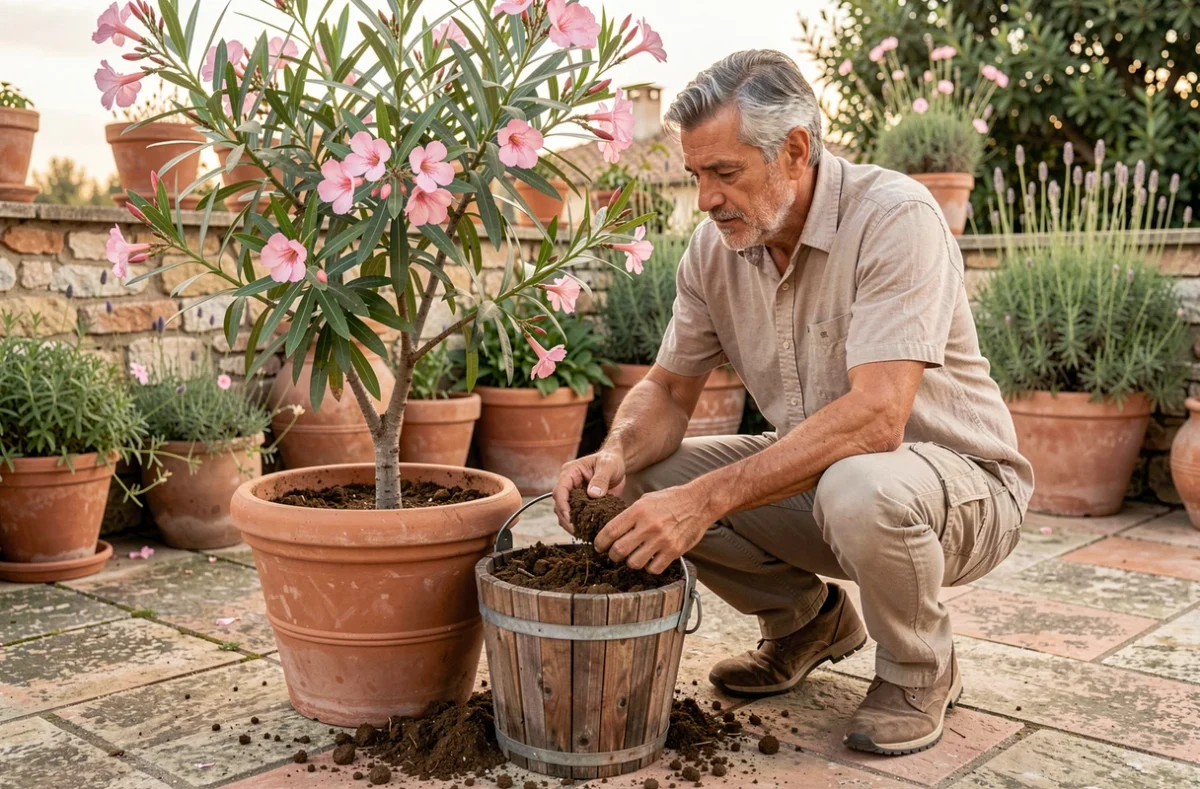 Jardinier apportant du compost naturel au pied d'un laurier rose en pot sur une terrasse