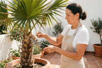Femme coupant la fleur d'un palmier en pot sur une terrasse méditerranéenne avec un sécateur