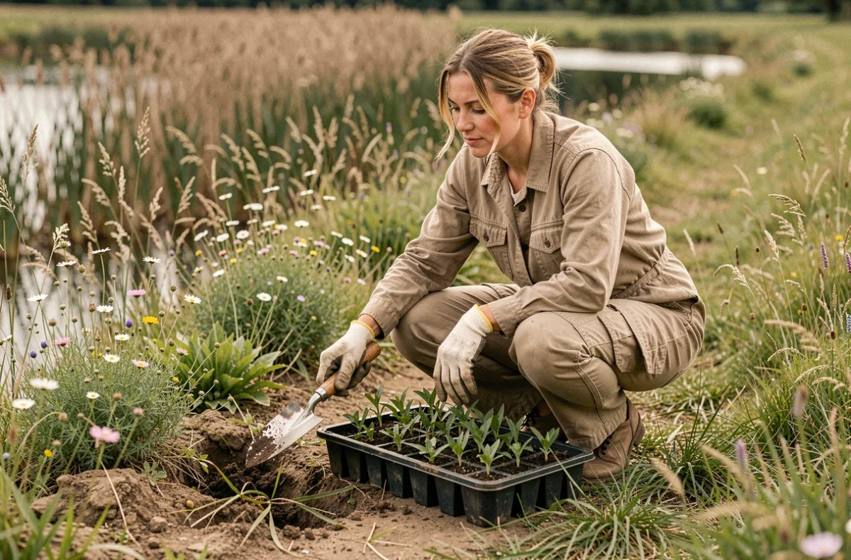 Jardinière paysagiste plantant des fleurs sauvages dans un espace naturel près de Mézières-en-Brenne, représentant CQM Paysages