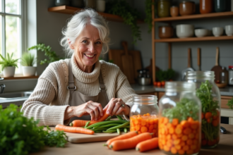 Femme en cuisine préparant des conserves de légumes
