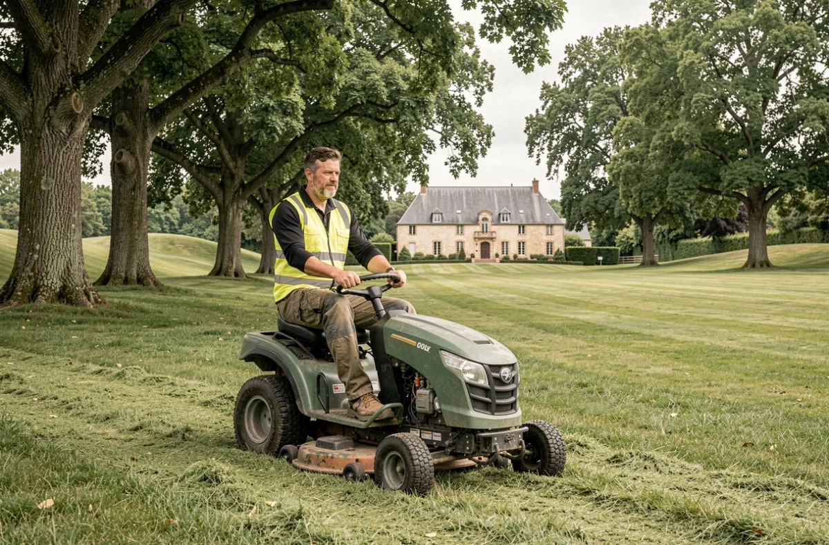 Professionnel du paysage conduisant une tondeuse autoportée sur un grand domaine près de Châteauroux, entreprise Daniel Richard Paysage