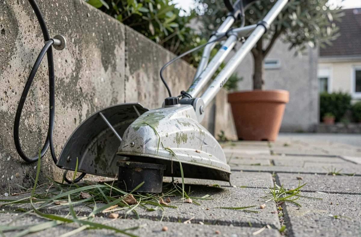 Débroussaillant électrique posé contre un mur en béton dans un jardin urbain résidentiel
