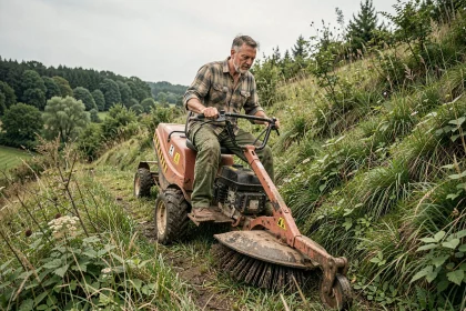 Agriculteur sur une débroussailleuse autoportée travaillant sur un terrain en forte pente recouvert de broussailles